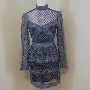 Aqua Blue Sheath Dress with Bishop Sleeves and Peplum Ruffle